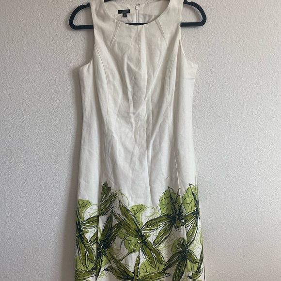 Talbots Size 8 White Green Linen Cotton Sleeveless Dragonfly Lined Dress Pockets - Picture 13 of 15